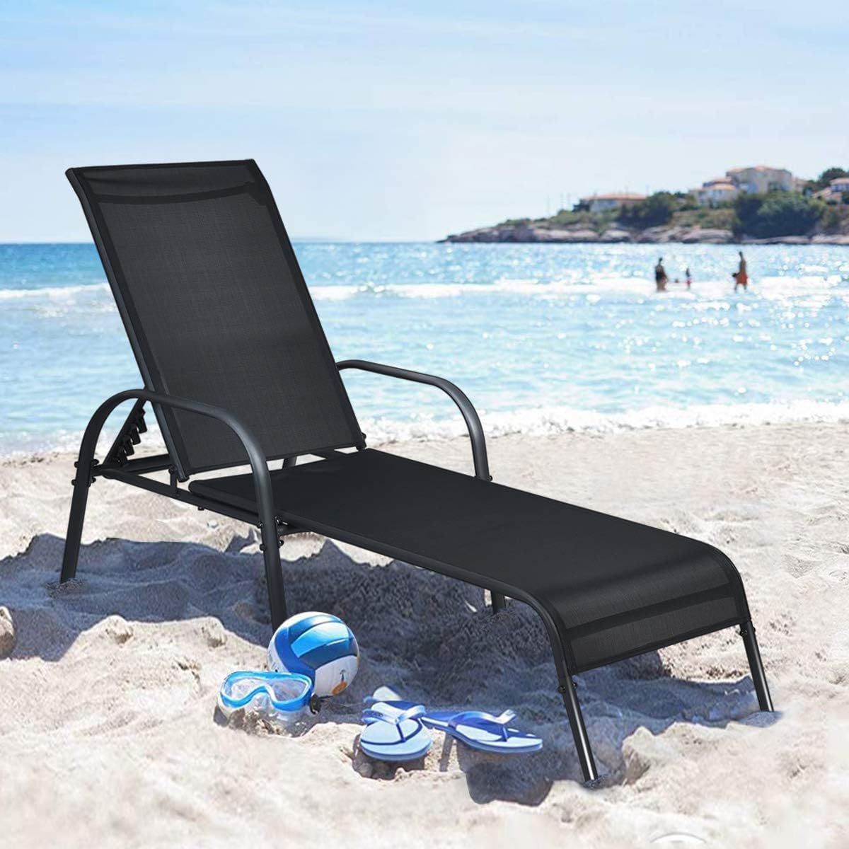 Giantex 2 Pcs Chaise Lounge Chair, Adjustable Reclining Lounge Chairs Patio Furniture, Backyard Lawn Sling Chaise w/Adjustable Back, Folding Recliners for Outdoor Beach Yard Pool (Black)