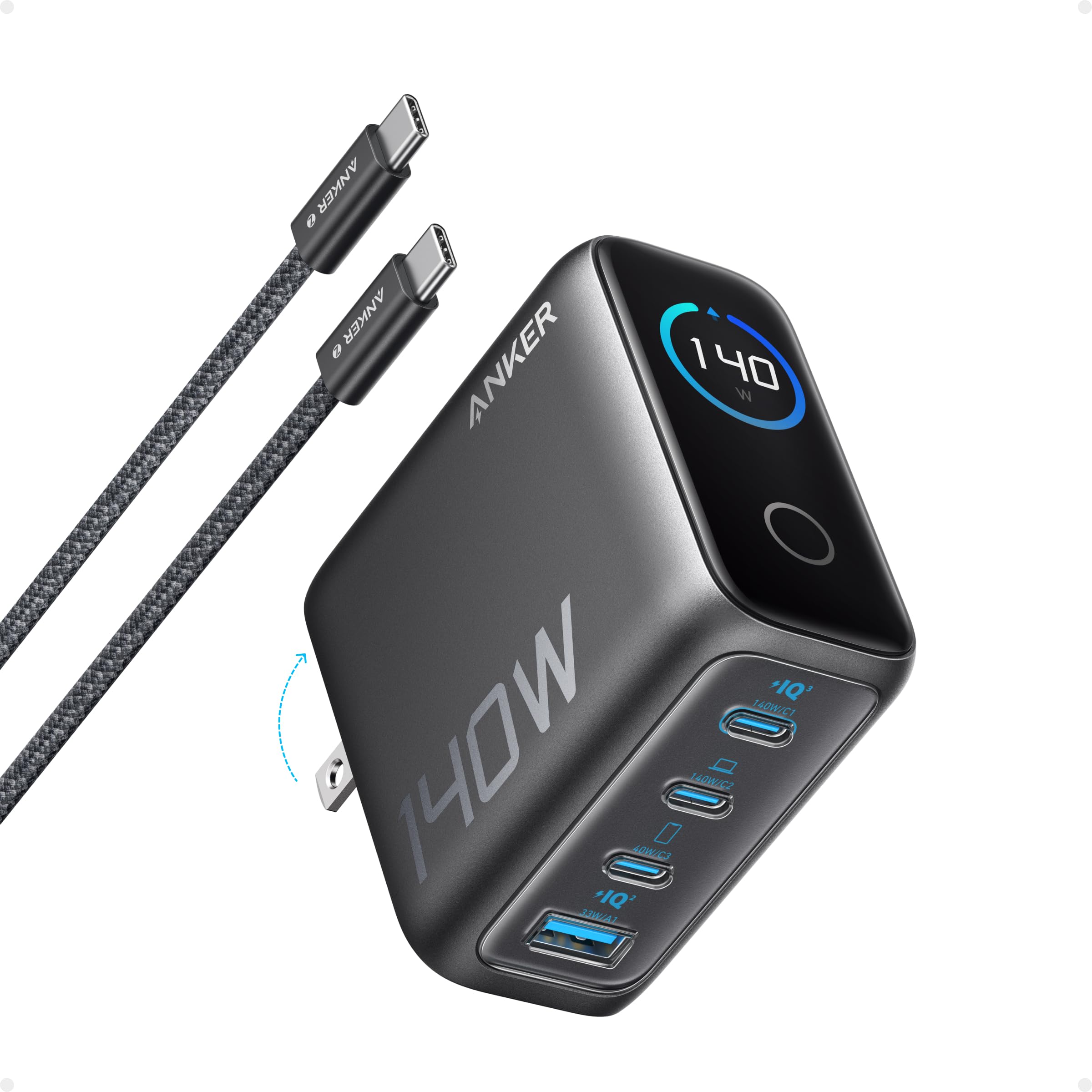 Anker Laptop Charger, 140W MAX USB C Charger, 4-Port Multi-Device Fast Charging, Advanced GaN Power Adapter, Intuitive Touch Controls, for MacBook, iPhone 17/16 Series, Samsung Galaxy, Pixel, and More