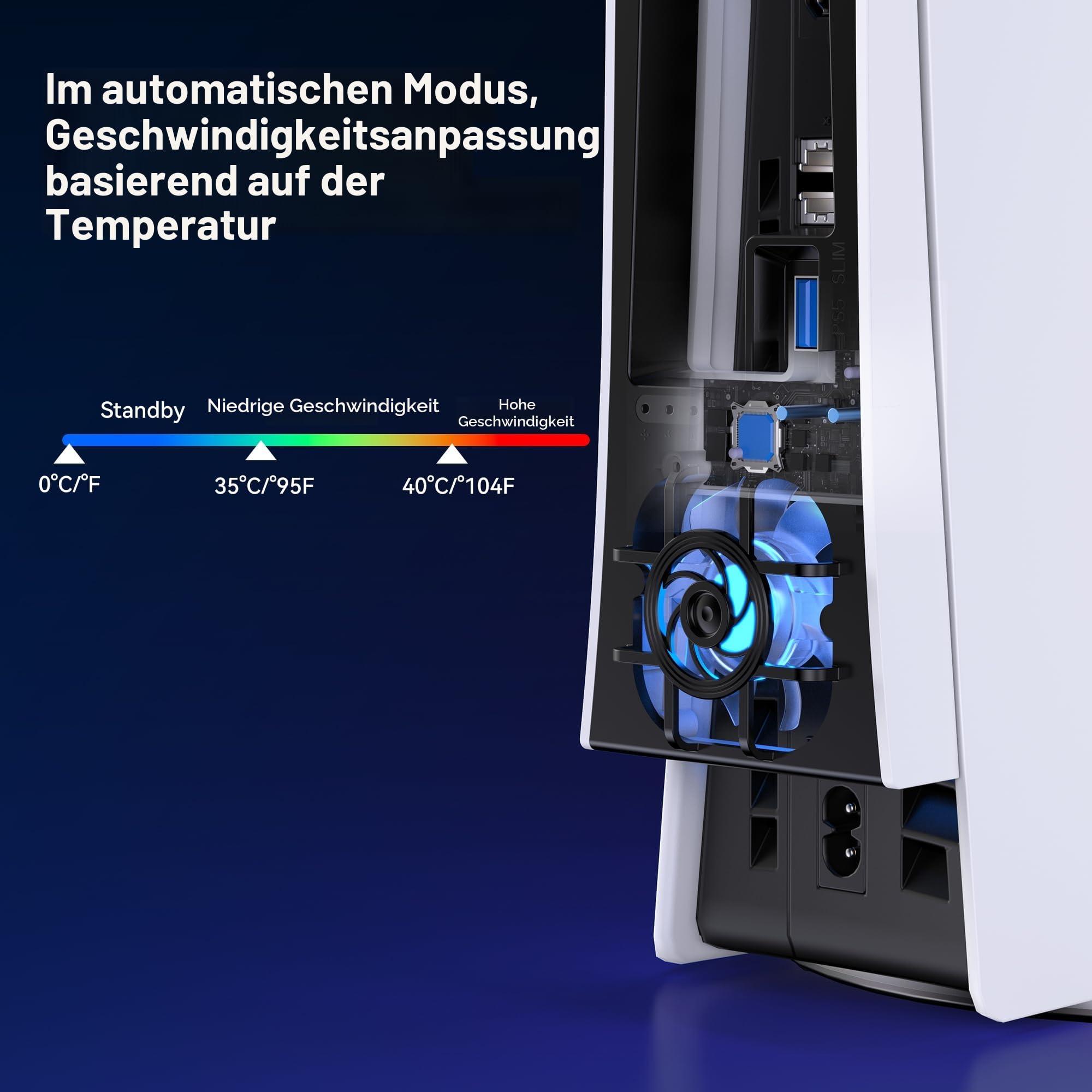 NEWDERY Kühlventilator für PS5 Slim Konsole, verbesserter leiser Kühlventilator, automatische temperaturgesteuerte Geschwindigkeit, dynamisches RGB-Licht, USB 3.0-Anschluss, passend für PlayStation 5