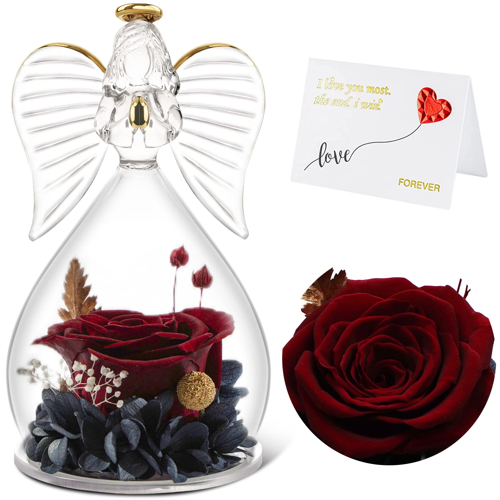 Rosa Eterna In Vetro - Regalo Romantico Per Donna Con Angelo E Fiore Stabilizzato - Foto 7