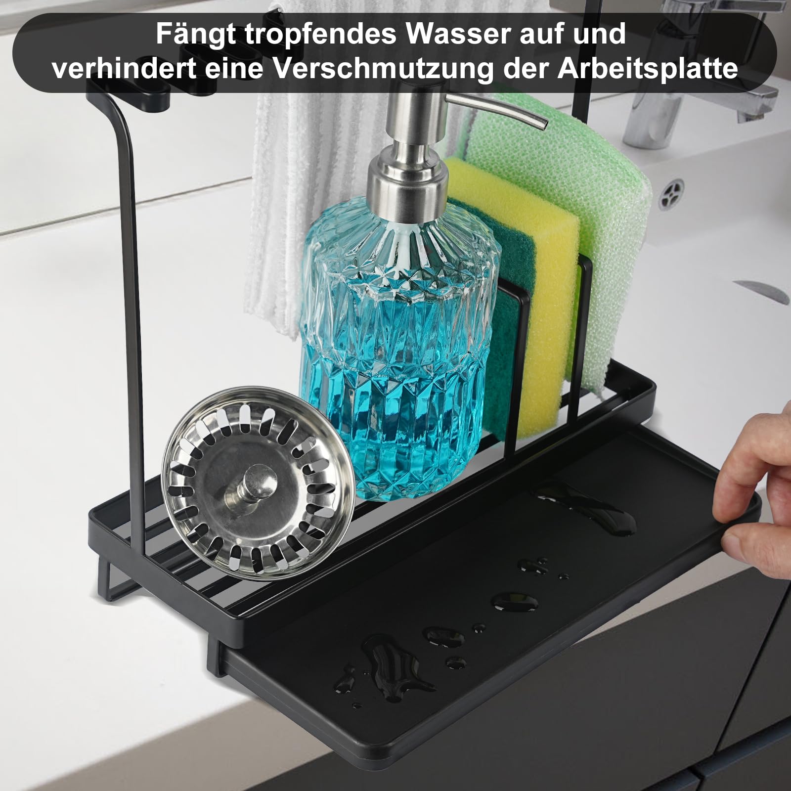 Spülbecken Organizer für Küchen Schwarz Spüle Sink Zur Aufbewahrung von Spülmittel, Lappen und Schwämmen Mit Auffangwanne