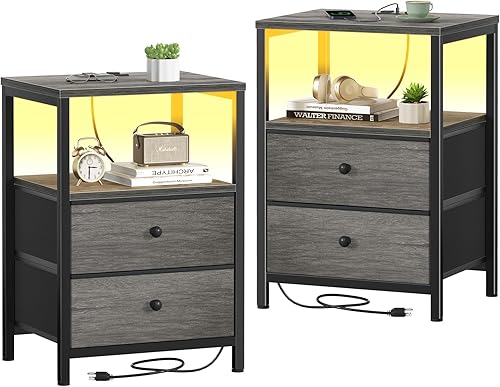 Vista 18 de BOLUO Mesita de noche blanca con estación de carga, mesa de noche LED con 2 cajones de tela, mesa auxiliar con puertos USB y tomas de corriente