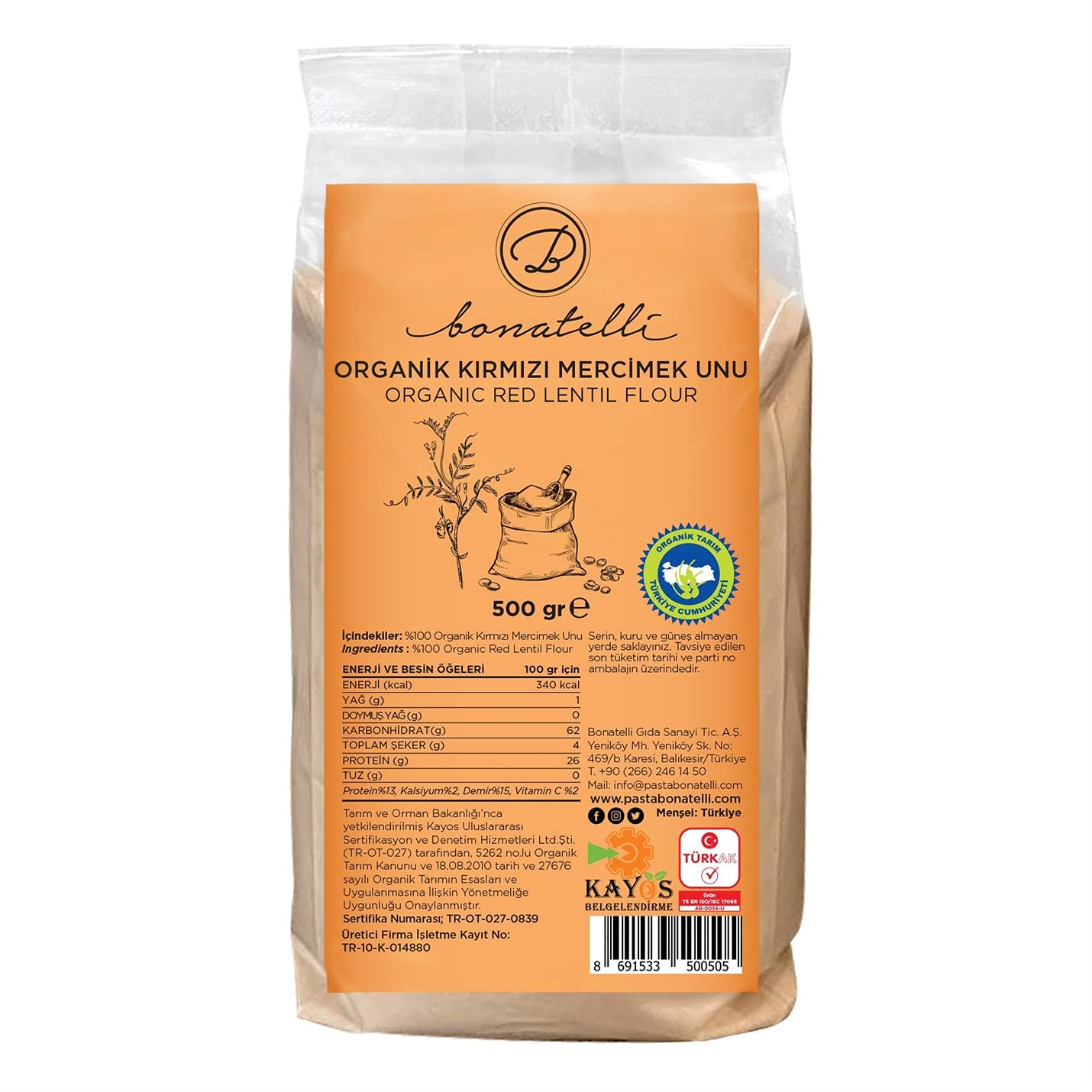 Tellioğlu Organik Kırmızı Mercimek Unu (500 gr.)