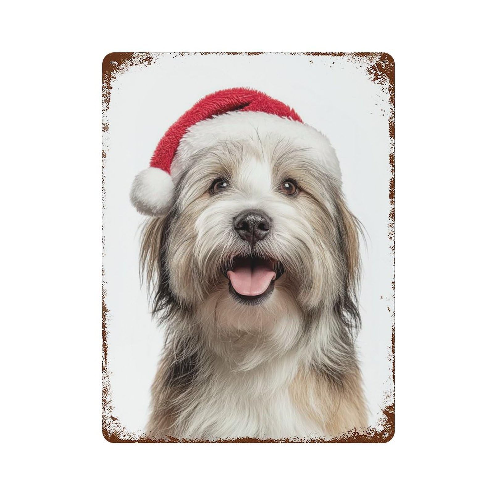 Distressed Metal Wall Sign Löwchen Dog with Santa Hat Portrait 15.7"x11.8", Vintage Wall Decor for Garage, Bar And Workshop Decor