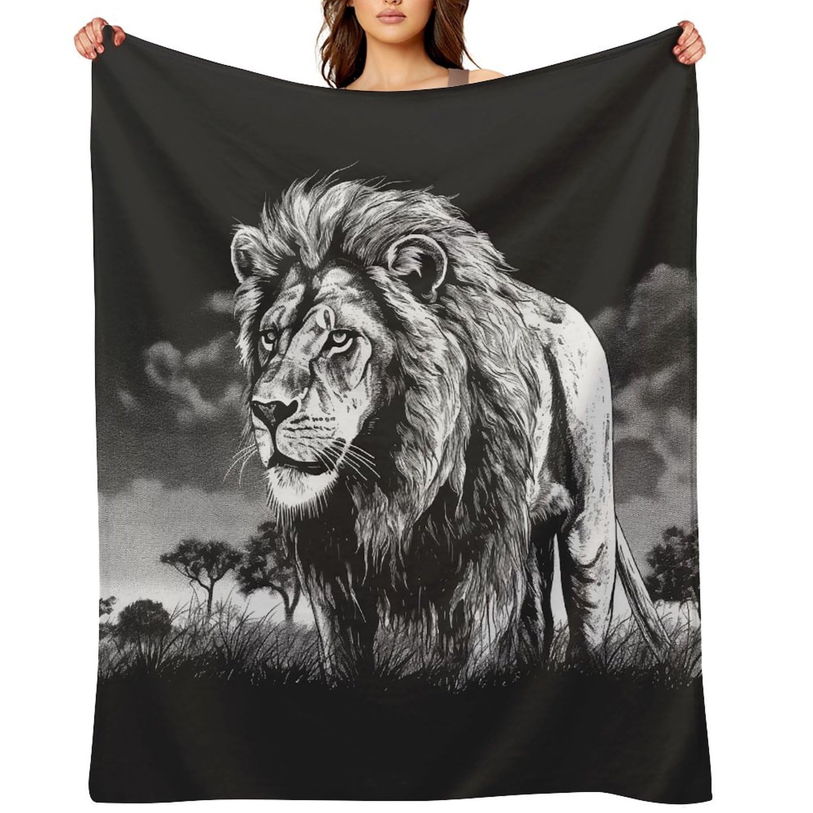 Lion Black and White Illustration Throw Blanket for Couch and Bed Super Soft Warm Lightweight Throw Blankets Cozy Fuzzy Flannel Blanket Personalized Decorative Blankets for Sofa Decor 50"x60"