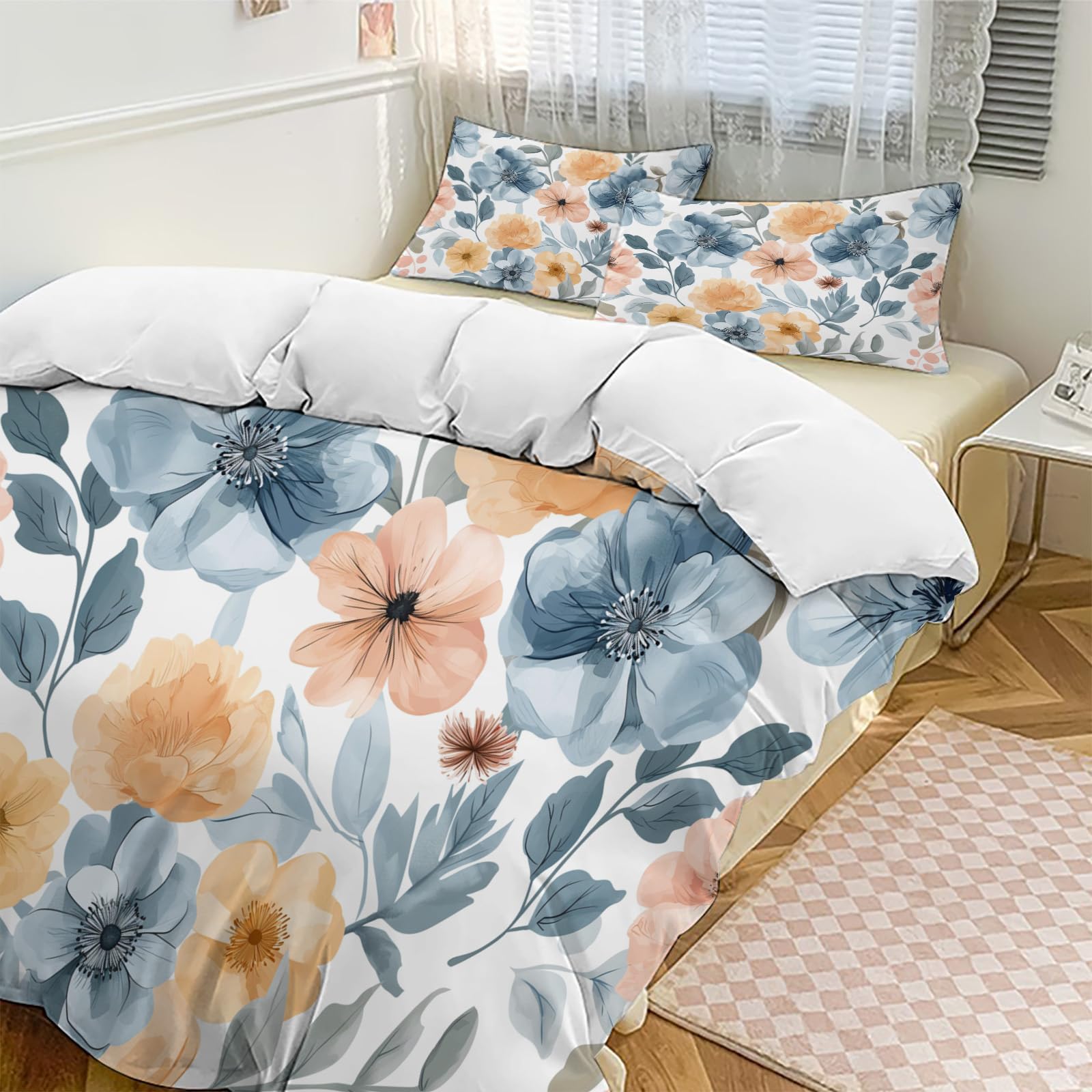 Parure de lit à fleurs bleues avec housse de couette bohème et taie d'oreiller