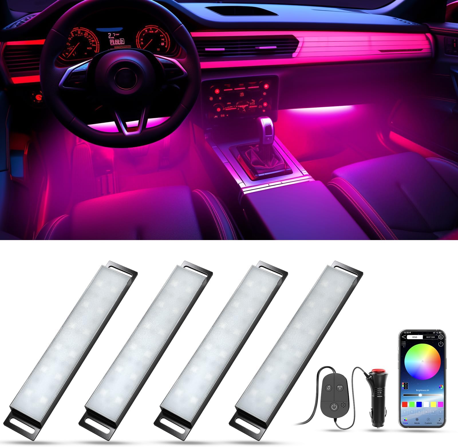 Honalia Smart Car Interior Light with APP Control RGB Car Interior LED Light Bar Music Sync Colour Changing for Hard Light Bar Atmosphere Neon Lights for Cars SUVs Trucks for Women Men Friends, DC 12V