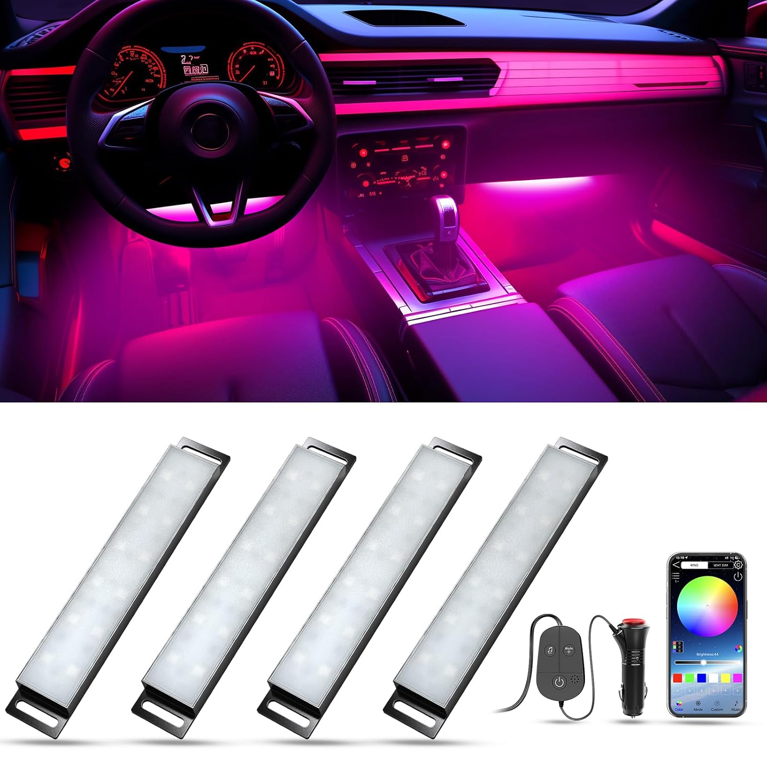 Honalia Smart Car Interior Light with APP Control RGB Car Interior LED Light Bar Music Sync Colour Changing for Hard Light