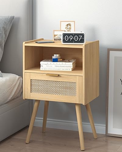 Miniatura 19 de Mesita de noche, moderna mesita de noche con cajón de almacenamiento y estante de madera abierta, mesita de noche decorativa con patas de madera