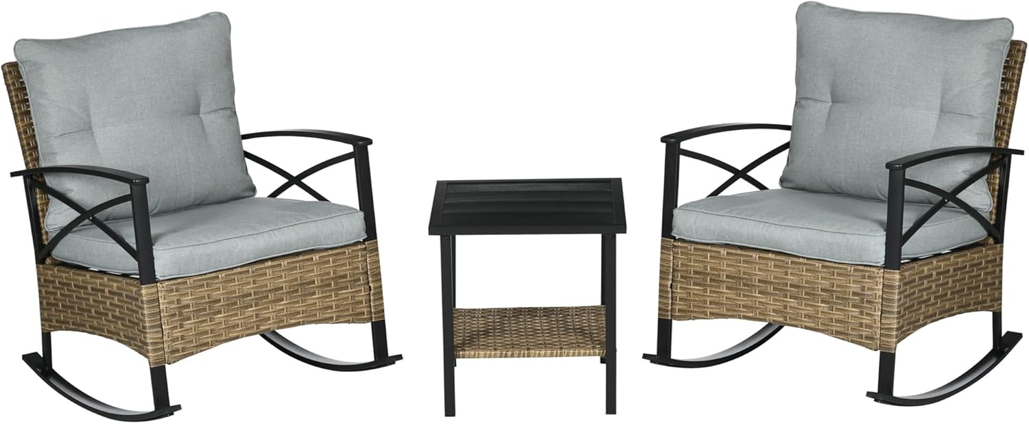 Outsunny 3 Piece Patio Rocking Chair Set, Outdoor Wicker Bistro Set with 2 Cushioned Porch Rockers and 2 Tier Coffee Table for Garden, Porch, Backyard, Light Gray