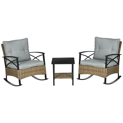 Outsunny 3 Piece Patio Rocking Chair Set, Outdoor Wicker Bistro