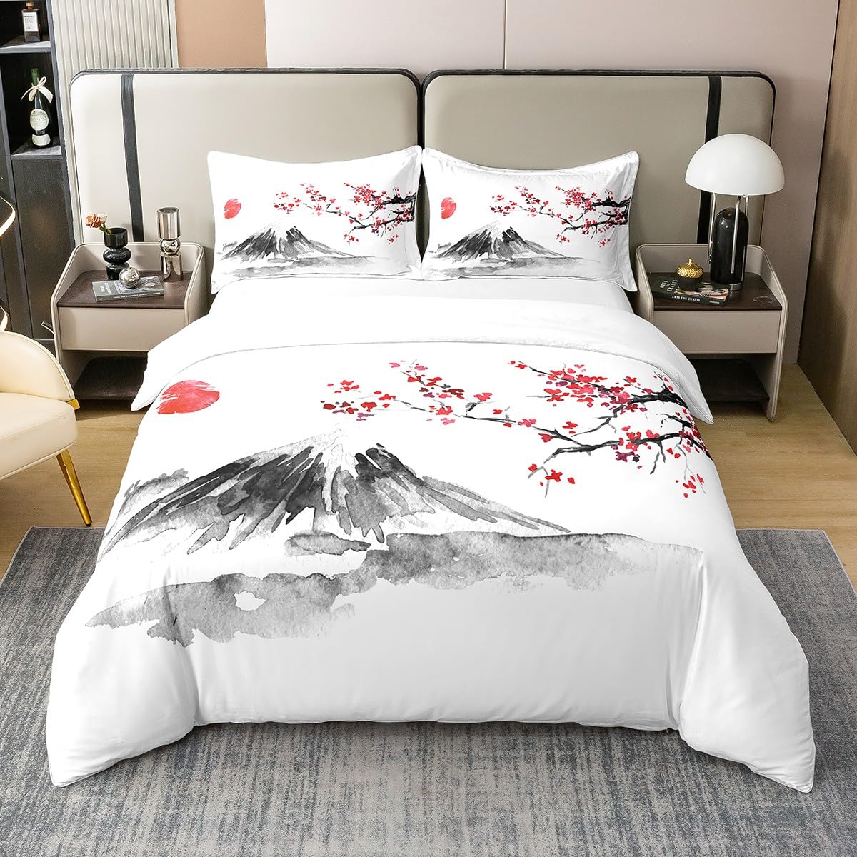 Loussiesd Japanese Style Cotton Duvet Cover Set King Set Exotic Fuji Mountain Printed Bedding Set Girls Women Men Cherry Blossom Comforter Cover Soft Cotton Soft Red Floral Bedspread Cover with Ties