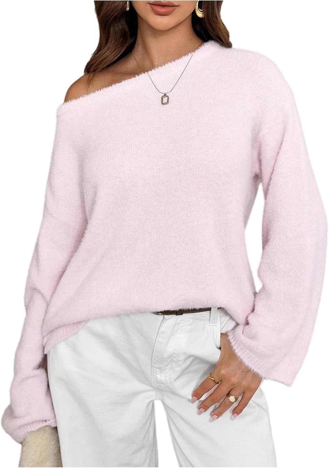 SOLY HUX Women's Off The Shoulder Sweater Pullover Fuzzy Long Sleeve Knit Jumper Tops