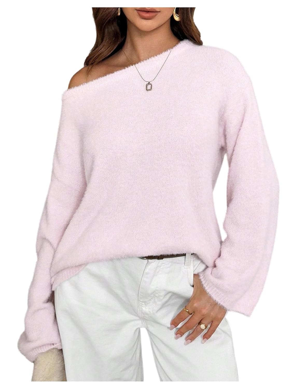 SOLY HUX Womens Off The Shoulder Sweater Pullover Fuzzy Long Sleeve Knit Jumper Tops