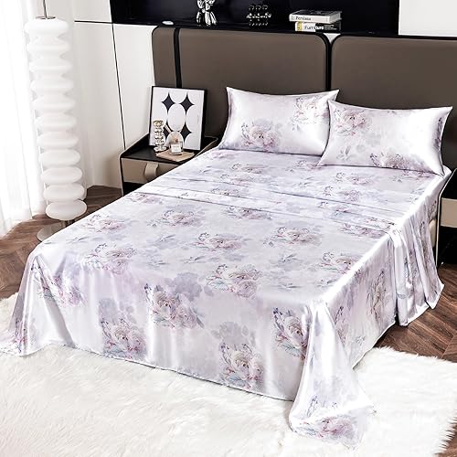 Miniatura 9 de YIYEA Sábanas de satén, estampado floral, lujosas sábanas de tamaño King de tacto sedoso, elegante juego de sábanas de satén liso, bolsillo profundo