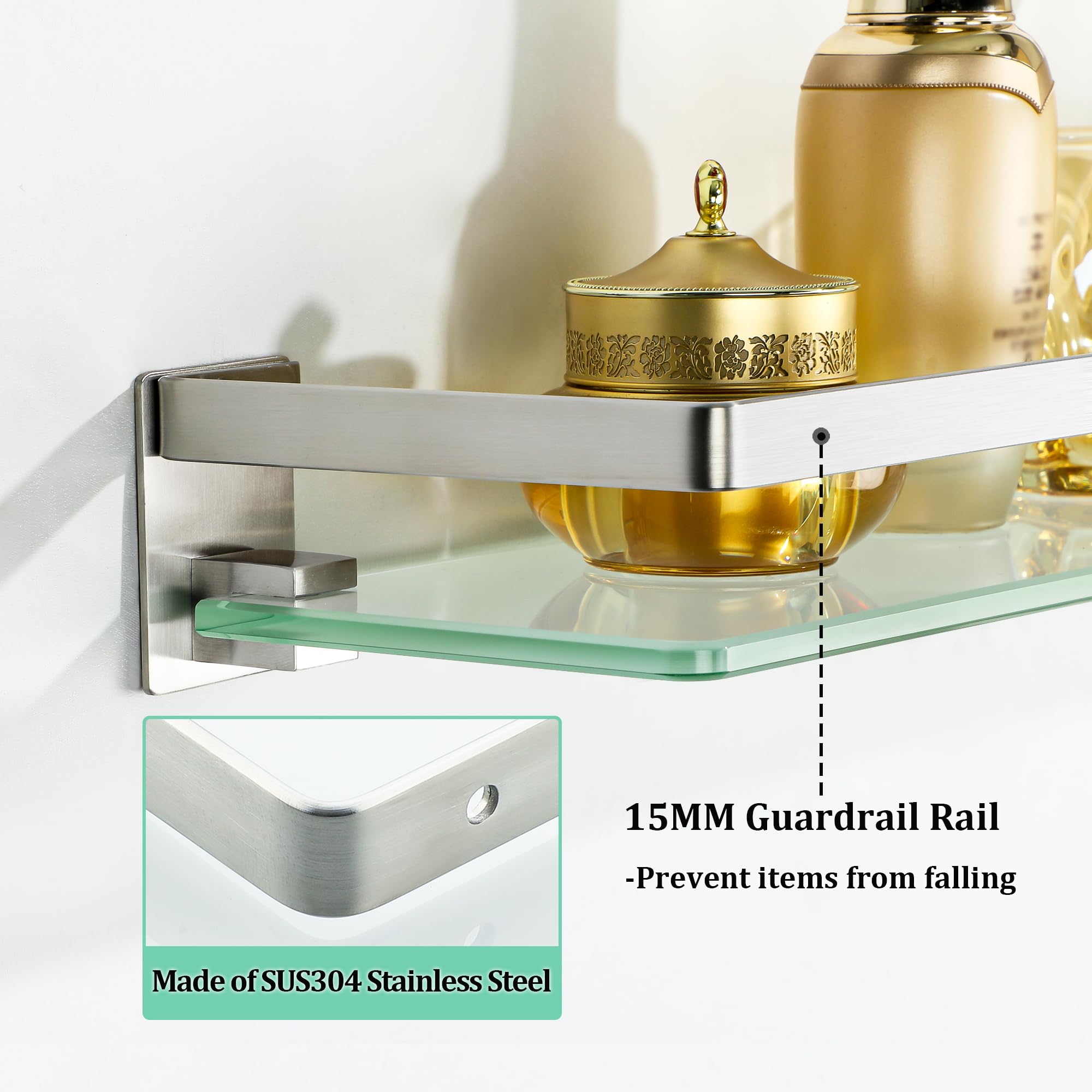 SAYAYO Bathroom Shelf Tempered Glass Shelf Wall Mounted 50CM with Large Capacity Brushed Shower Storage with SUS304 Stainless Steel Rail - Image 2