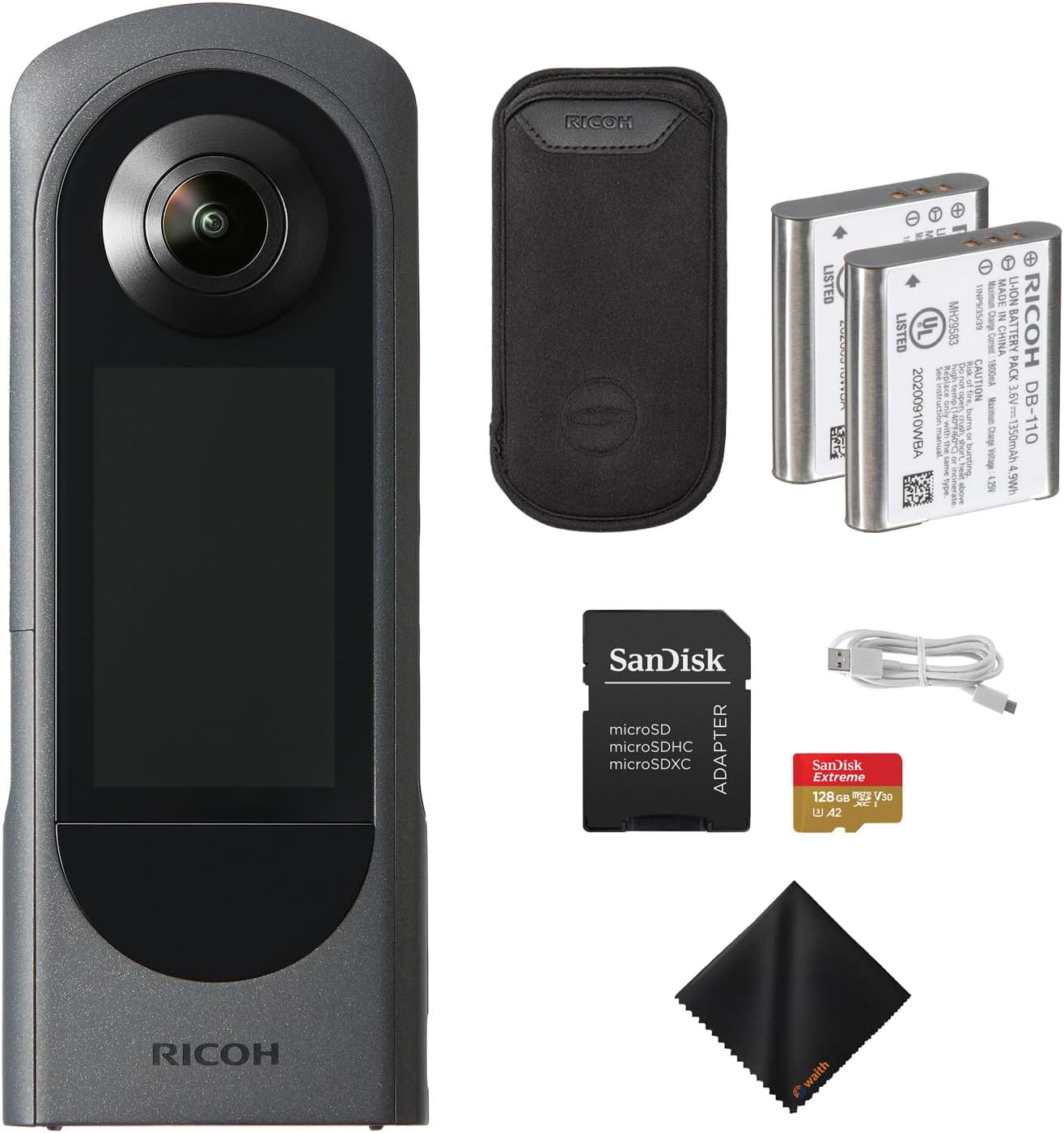 Ricoh Theta X 360° Camera – 5.7K Video & Dual 48MP Sensor for Immersive Content Creation with Extra DB-110 Rechargeable Battery, 128GB Extreme Memory Card and Waith Cleaning Cloth Bundle Set