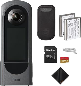 Ricoh Theta X 360 Camera 5.7K Video & Dual 48MP Sensor for Immersive Content Creation with Extra DB-110 Rechargeable Battery, 128GB Extreme Memory Card and Waith Cleaning Cloth Bundle Set