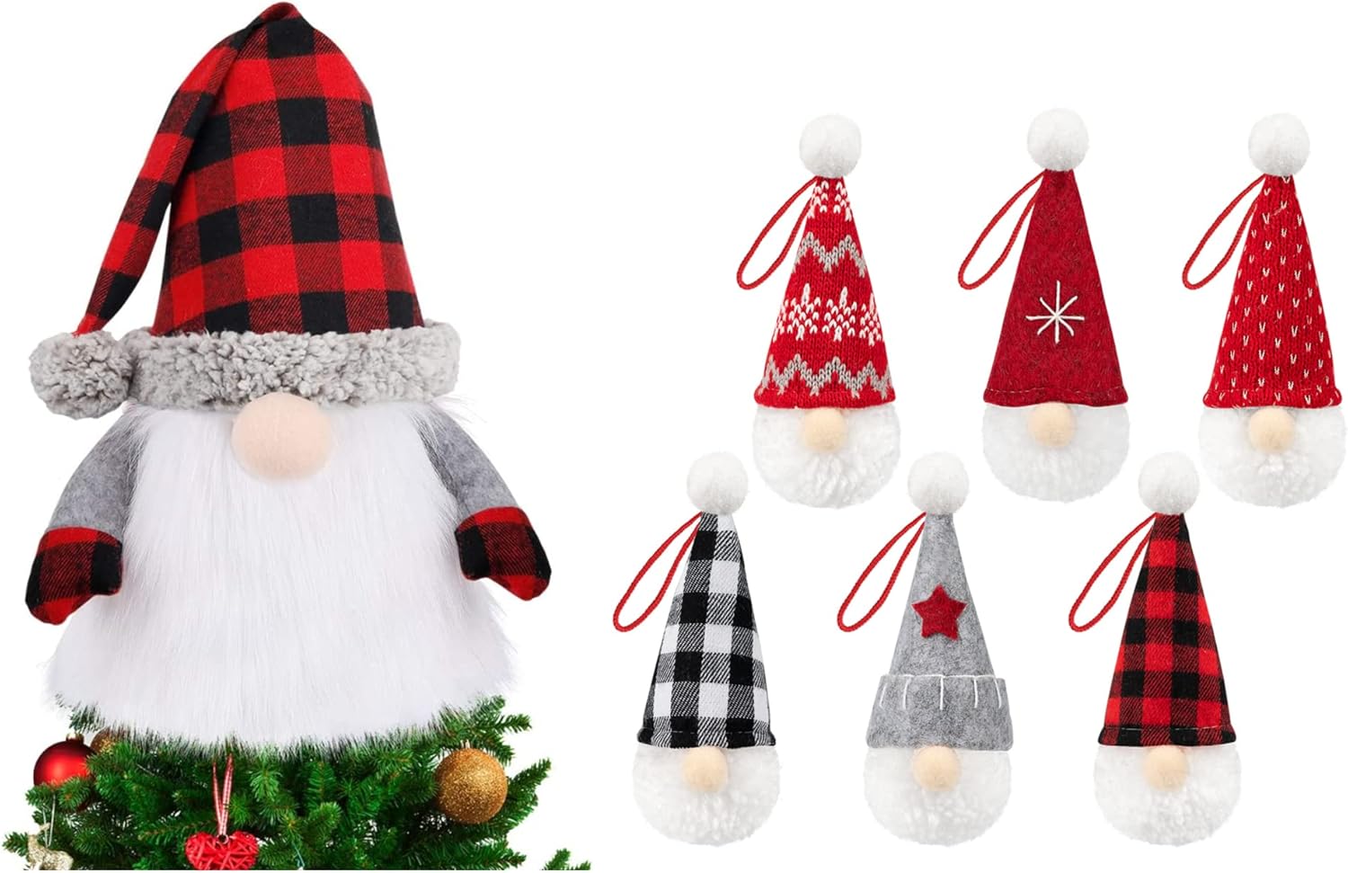 D-FantiX Gnome Christmas Tree Topper, 27.5 Inch Large, Christmas Ornaments Set of 6, Handmade Swedish Tomte Decorative Plush Tree Hanging Decorations