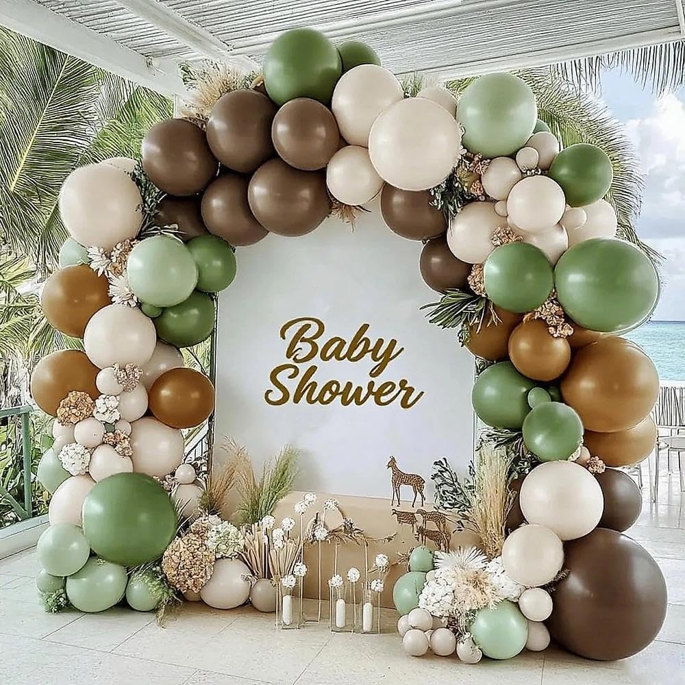 Green White Brown Balloon Garland Double Stuffed Sage Green White Sand Nude Brown Different Sizes 18In 12In 5In Balloon Arch Kit For Baby Shower Gender Reveal Birthday Party Decorations