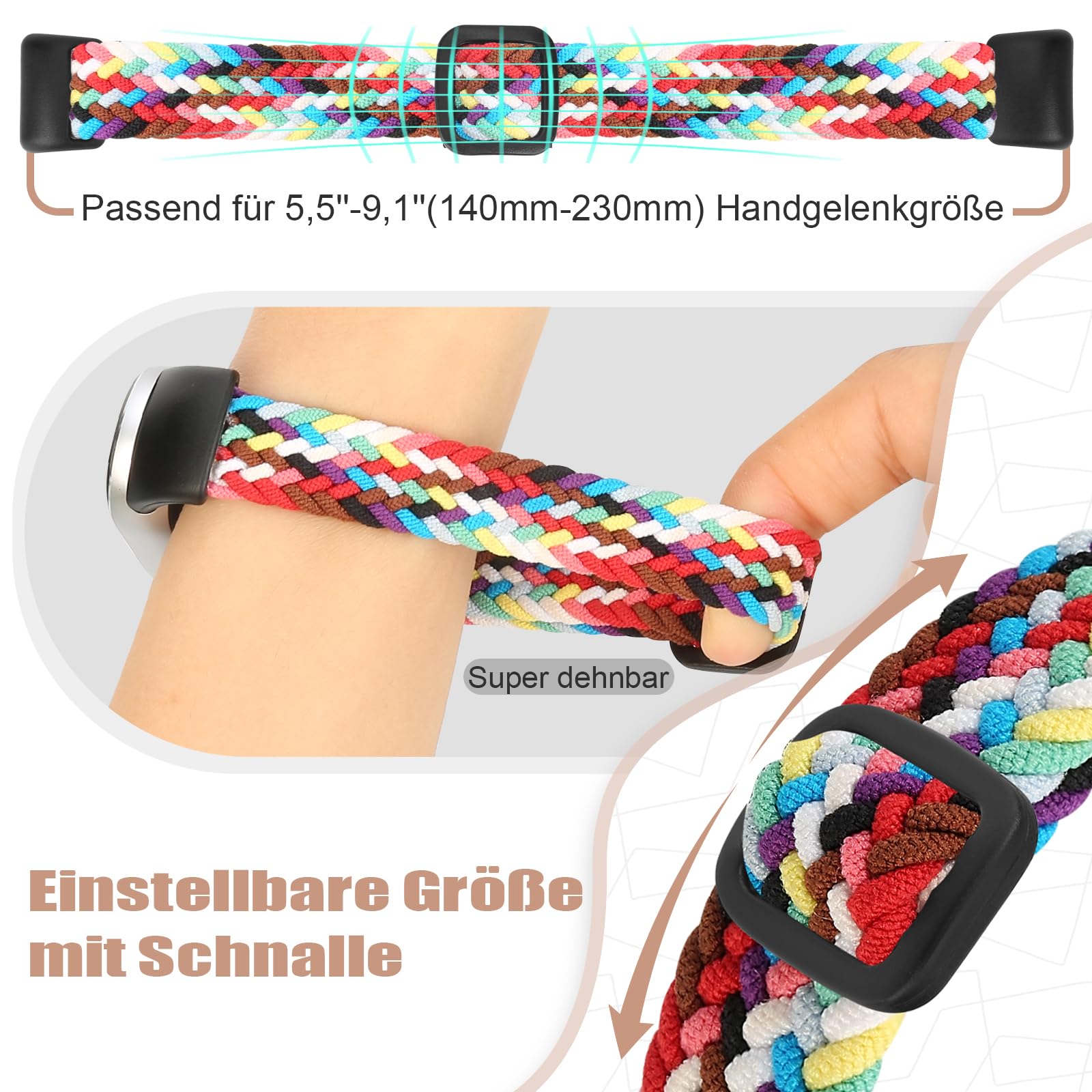 Geflochtenes Armband Kompatibel mit Xiaomi Smart Band 10/9/8, Elastisches Nylon Solo Loop Ersatzarmband für Damen Herren