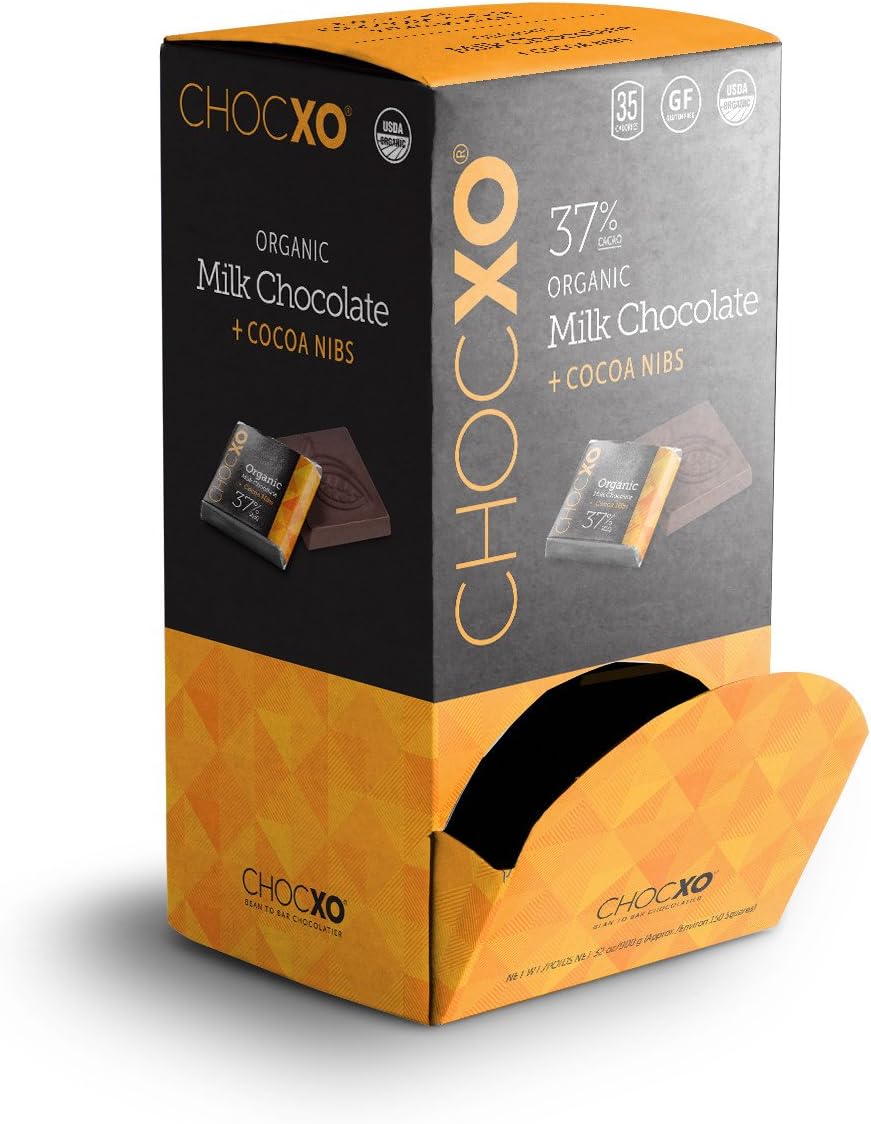 ChocXO Organic 37% Milk Chocolate & Cocoa Nibs Squares - 150 Pieces (6g. Each)