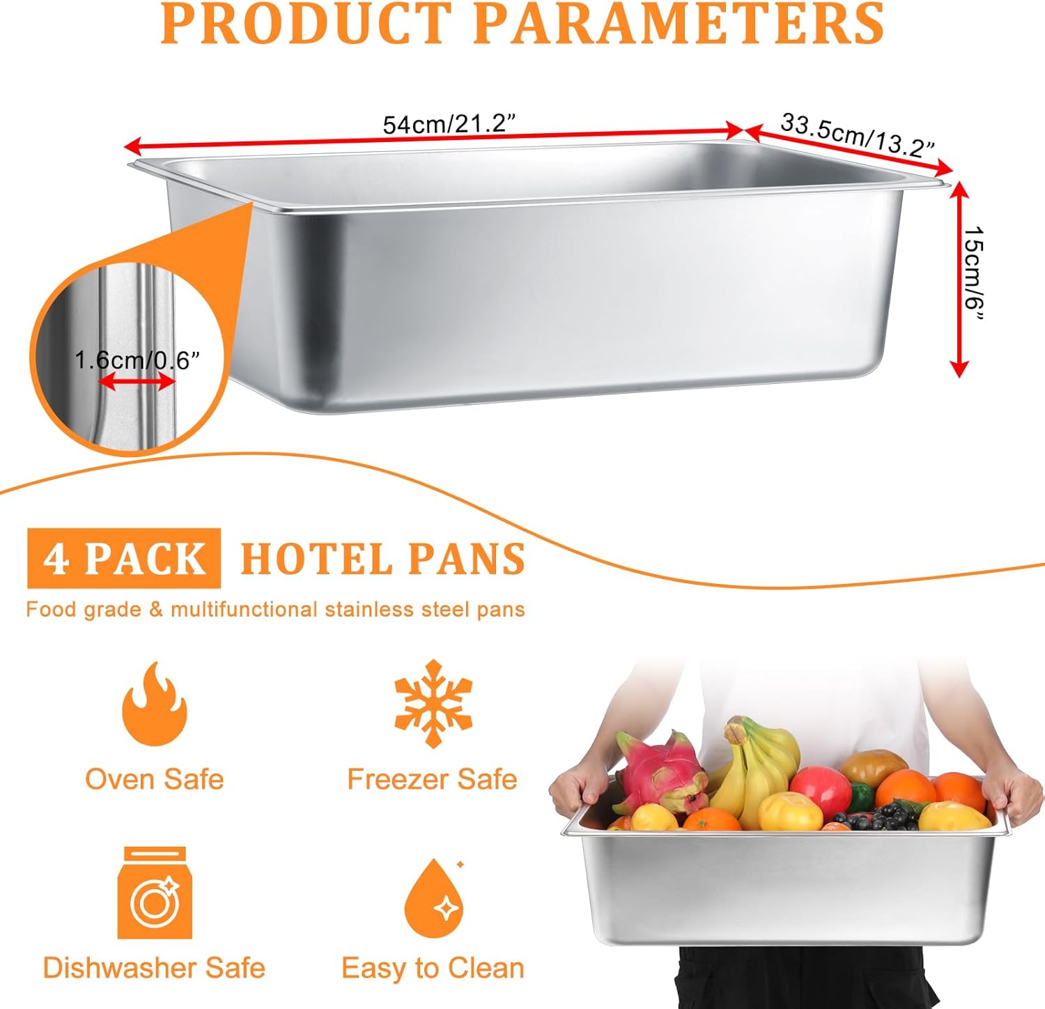 4 pack hotel pans?1/1 full size 6 inch deep steam table pan, stainless steel serving trays metal trays for food for hotel, party, buffet, chafing dishes commercial catering supplies