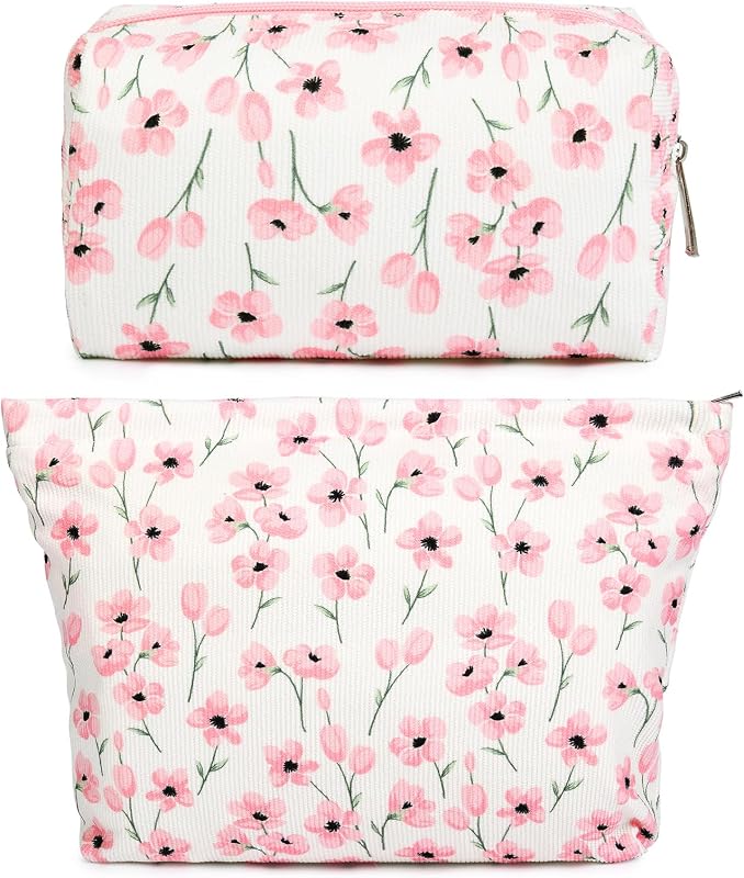 Necessaire de maquiagem SOIDRAM floral rosa em lona de algodão, Pacote com 2