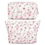 SOIDRAM 2 Pieces Flower Makeup Bag Large Floral Cosmetic Bag Capacity Canvas Mix Travel Toiletry Bag Organizer Cute Makeup Brushes Aesthetic Accessories Storage Bag for Women, Flower Mix Pink