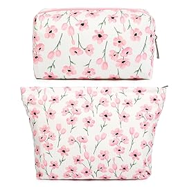 SOIDRAM 2 Pieces Flower Makeup Bag Large Floral Cosmetic Bag Capacity Canvas Mix Travel Toiletry Bag Organizer Cute Makeup Brushes Aesthetic Accessories Storage Bag for Women, Flower Mix Pink