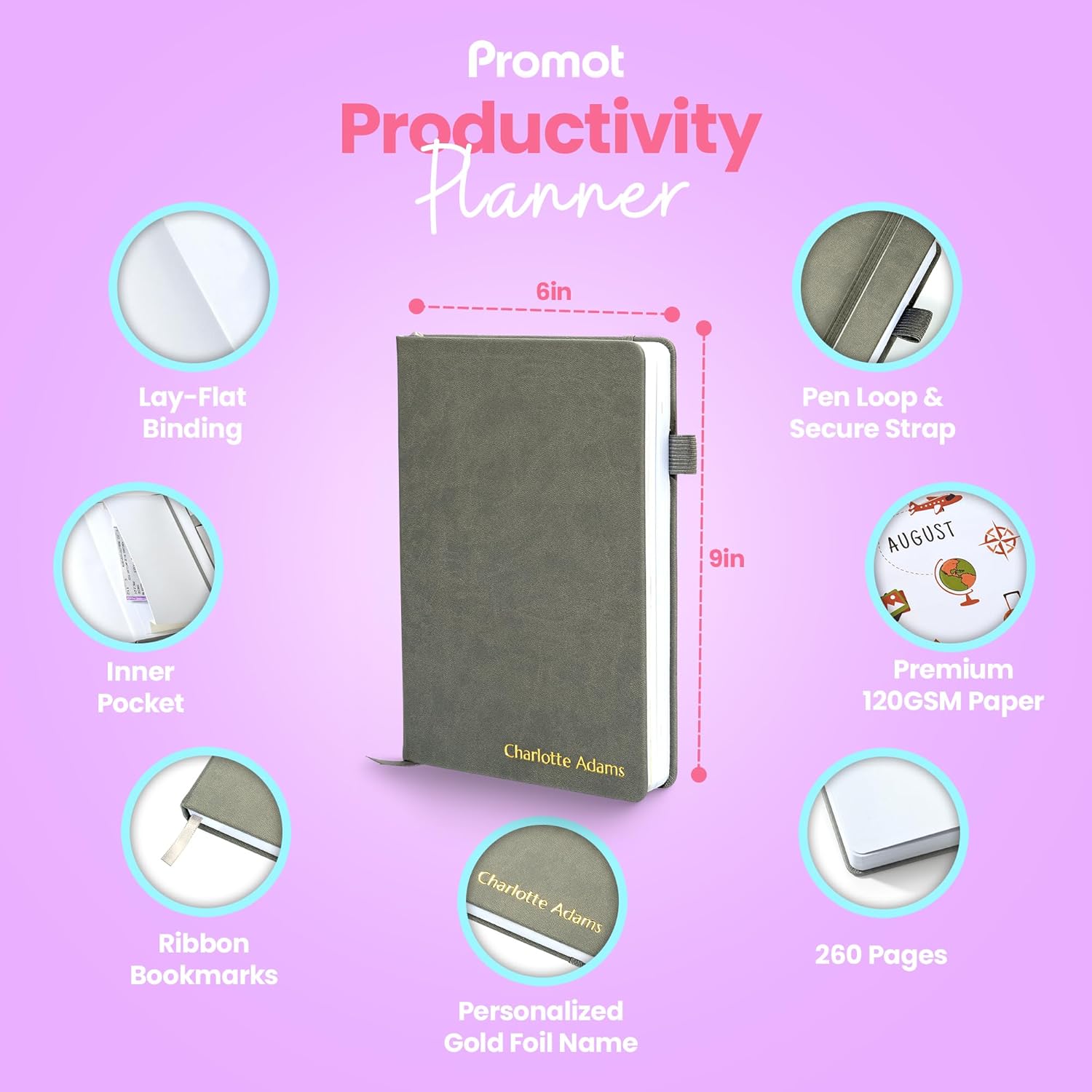 Promot Weekly Monthly Planner 2024 - Journal with Premade Designs, Budget, Mood, Sleep Tracker, Self Care, Productivity, Affirmation, Aesthetic Notebook - Custom Embossed Gold Text, Large, 260 Pages