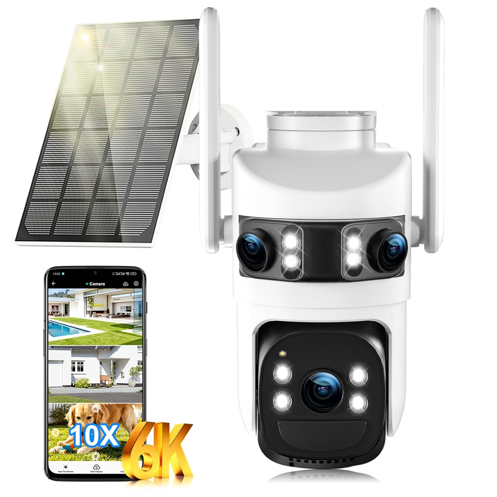6K Telecamera Wi-Fi Esterno,Triple Obiettivo Telecamera WiFi Senza Fili con Pannello Solare,Videocamera Sorveglianza,Rilevamento Umano PIR,Visione Notturna a Colori,Audio Bidirezionale,2.4G/5GHz,IP66