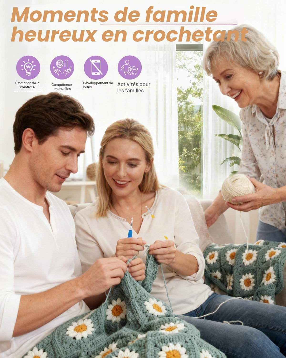 Coopay Granny Square Kit de Crochet pour Débutant et Pro, Crochet Kit pour Couverture à Marguerites, avec 2 Crochets, 22 Pelotes de Laine à Crocheter, Instruction en Français & Vidéo Étape par Étape