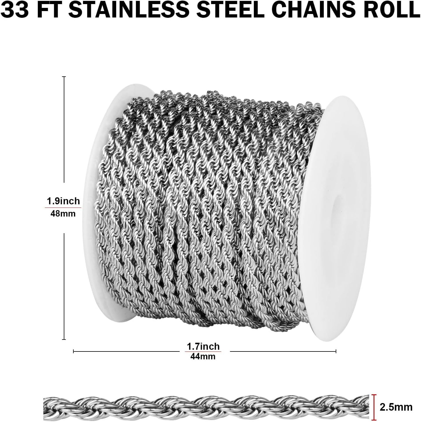 [33FT] Stainless Steel Rope Chains for Jewelry Making, 2.5mm Wide 304 Stainless Steel Twisted Link Chain Roll Bulk for DIY Jewelry Making Craft - Image 3