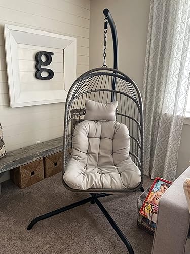 Wicker Ratten Swing Egg Chair with Stand Patio Hanging Basket Chair with Stand (Gray)