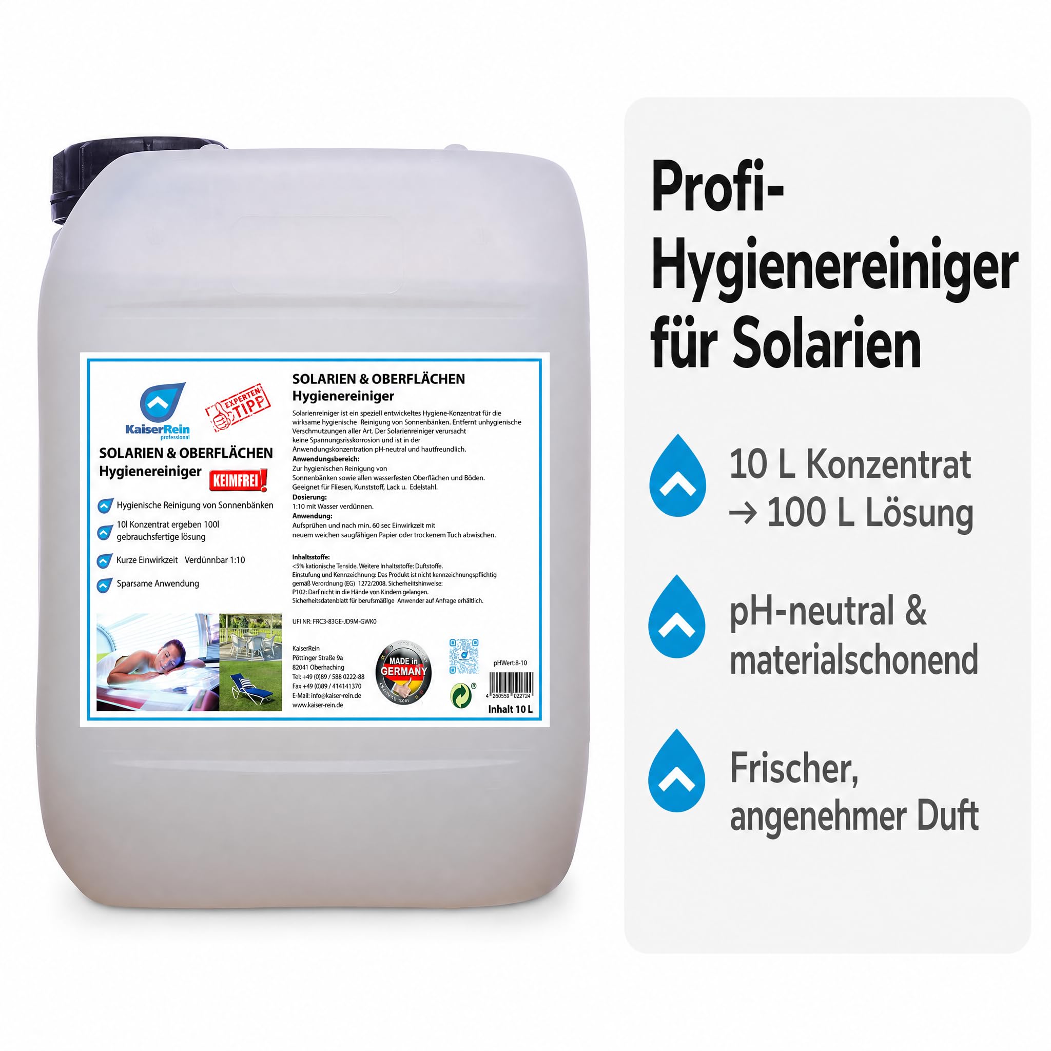 KaiserRein Oberflächenreiniger für Solarium & Sonnenbank, Hygienereiniger Konzentrat 10 L Kanister, pH-neutral & hautfreundlich, schonend zu Kunststoff, für Fliesen, Lack & Edelstahl, frischer Duft