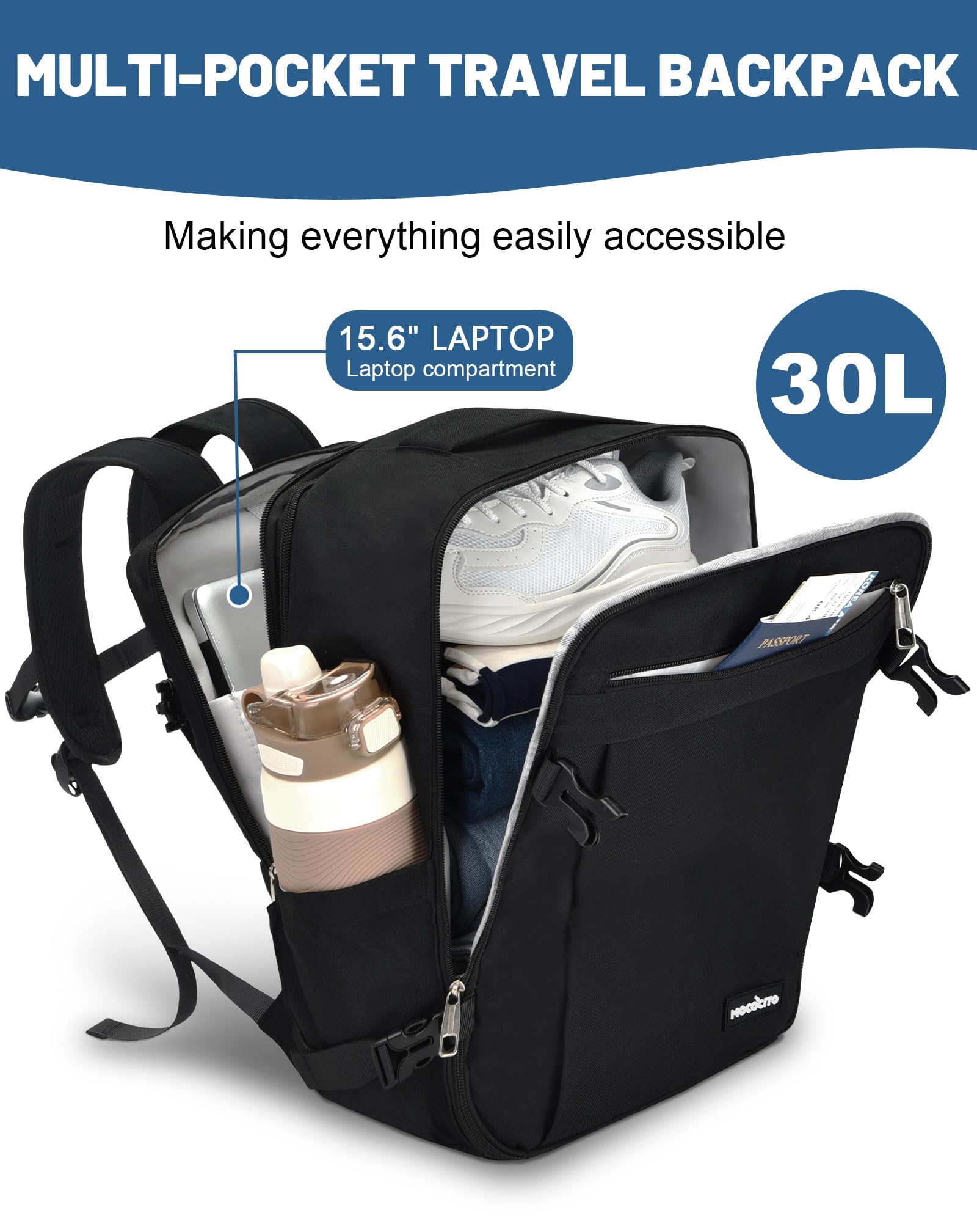 Zaino Ryanair 40x30x20,Zaino da Viaggio Espandibile 24-30L,Bagaglio a Mano per Wizz Air e Vueling,Zaino Cabina per Donna e Uomo, Adatto a Laptop da 15,6”per Ufficio,Scuola e Uso Quotidiano