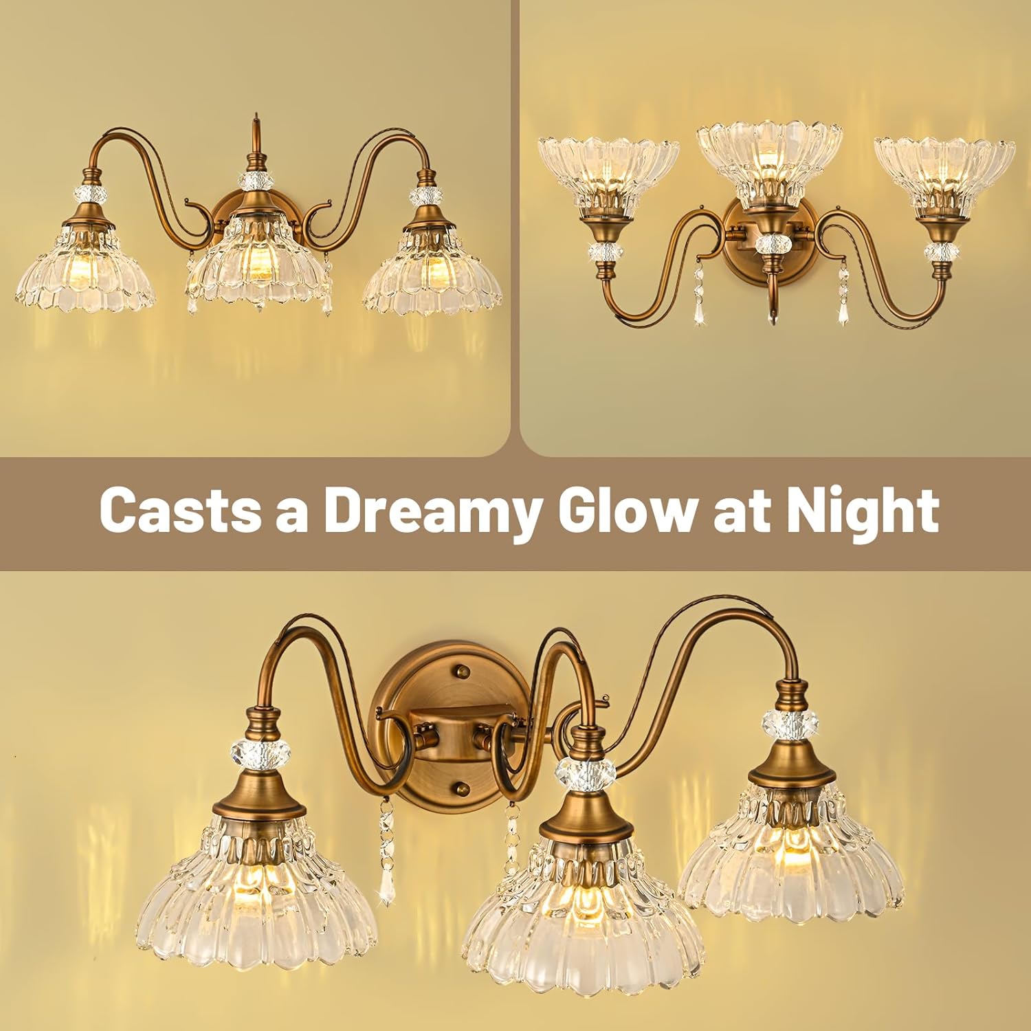 Vintage Bathroom Vanity Light, 3-Light Matte Antique Brass Finish Wall Sconce with Hanging Crystal Accents and Flower-Shaped Clear Glass Shades, Retro Wall Mount Vanity Light Over Mirror for Bathroom