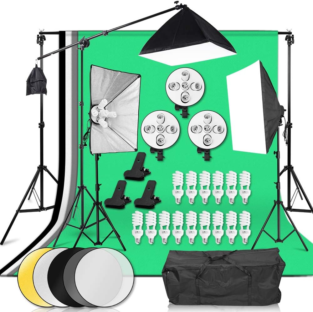Abeststudio 3375W Continuous Lighting Softbox Background Kit 15 x 45W Bulbs + 5-Socket Light Heads Soft box Kit + 4 Backdrops (Black/White/Green/Gray) Background Light Stand reflector