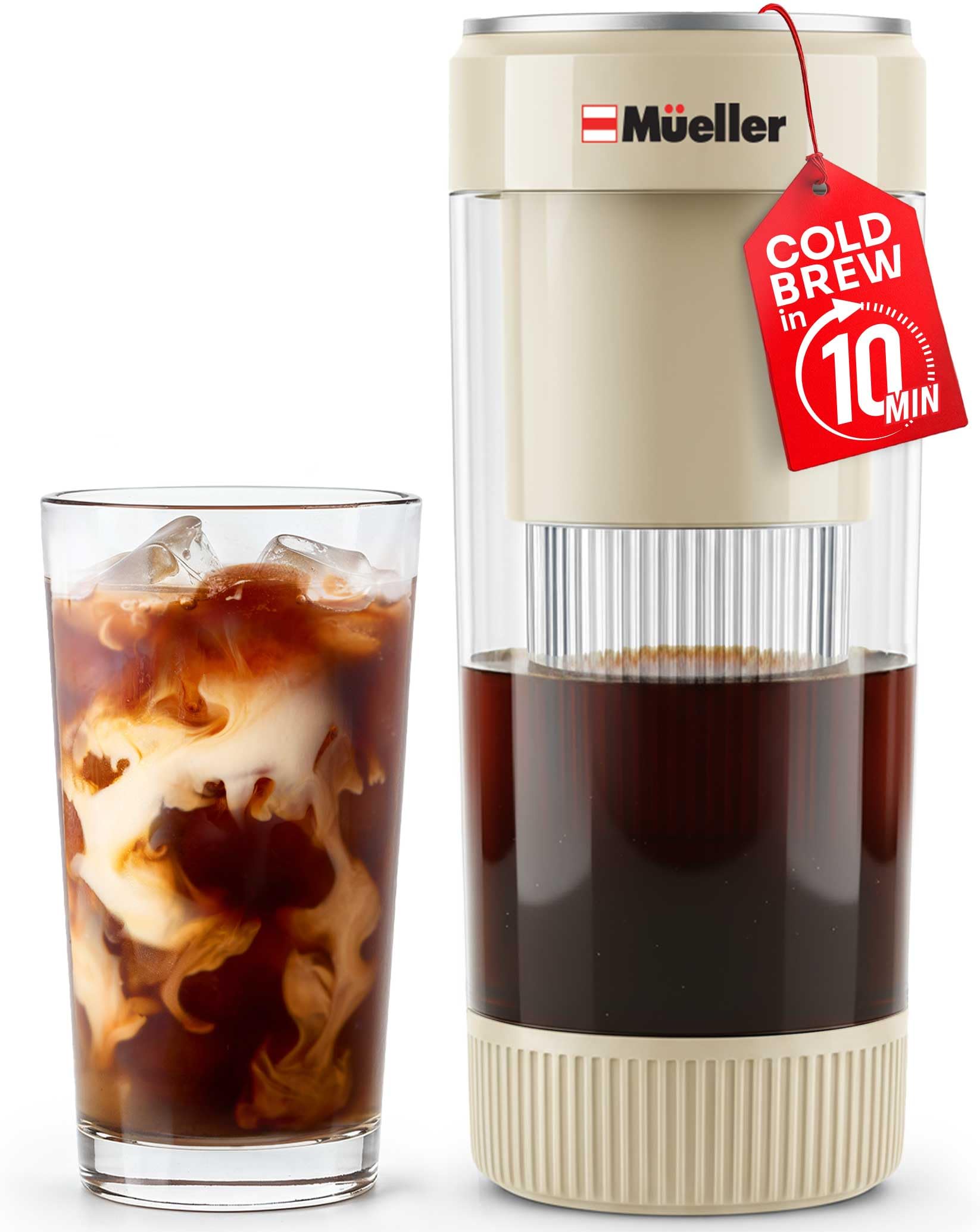 Mueller RapidBrew Cold Brew Coffee Maker â€“ 10 Min Fast Brew Portable Rechargeable Cold Brew Pitcher Machine for Coffee & Tea â€“ Adjustable Strength 10-99 Min â€“ 20 Servings Per Charge, Cappuccino Beige