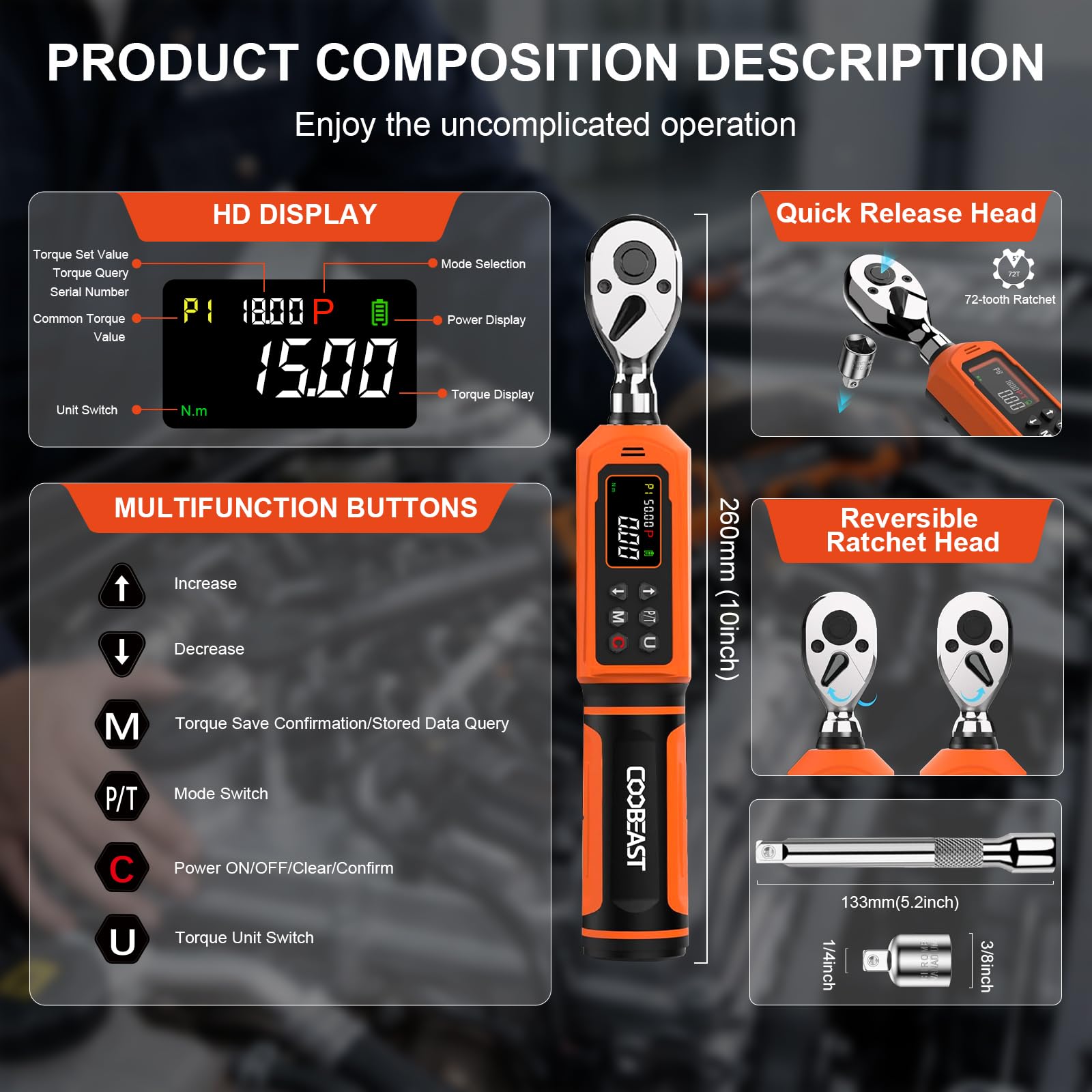 coobeast Llave dinamométrica digital, juego de llaves dinamométricas electrónicas de 3/8 con valor preestablecido (0.66-44.29 pies-libras/0.9-60 Nm), zumbador y flash LED, cinco unidades de llave