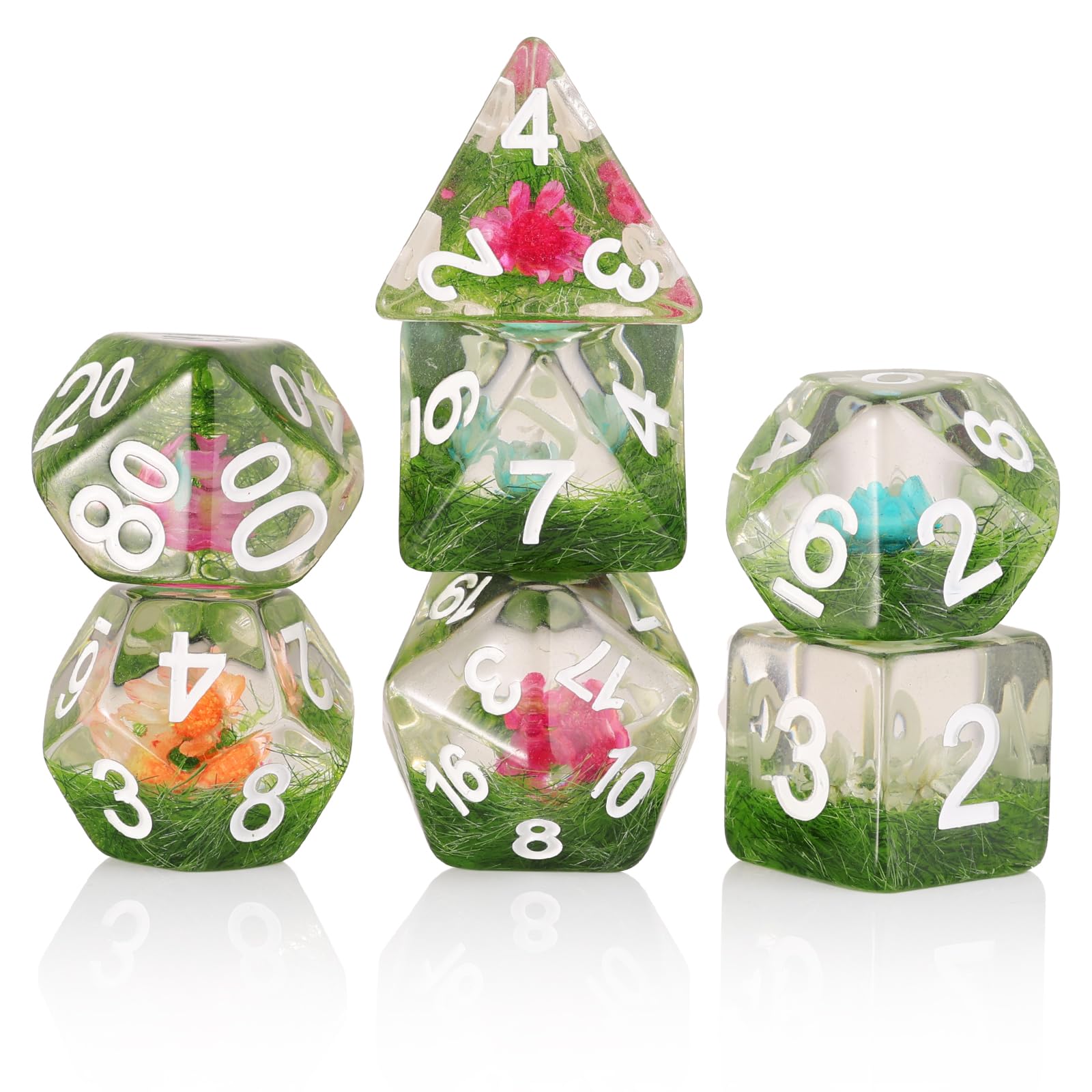 Resin DND Dice Set Handmade Flower D&D Die Filled with Flowers and Grass for D&D Dungeons and Dragon Tabletop Games