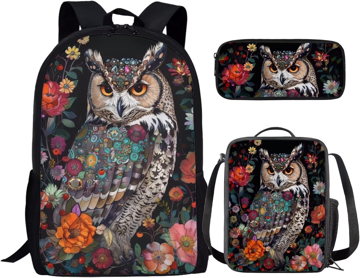 Nostalgic Floral Owl Backpack for Girls Boys 17 Inch Bookbag with Insulated Lunch Bag Pencil Case Kids Cute Animal Print Backpack with Lunch Box Padded Back School Bag Black
