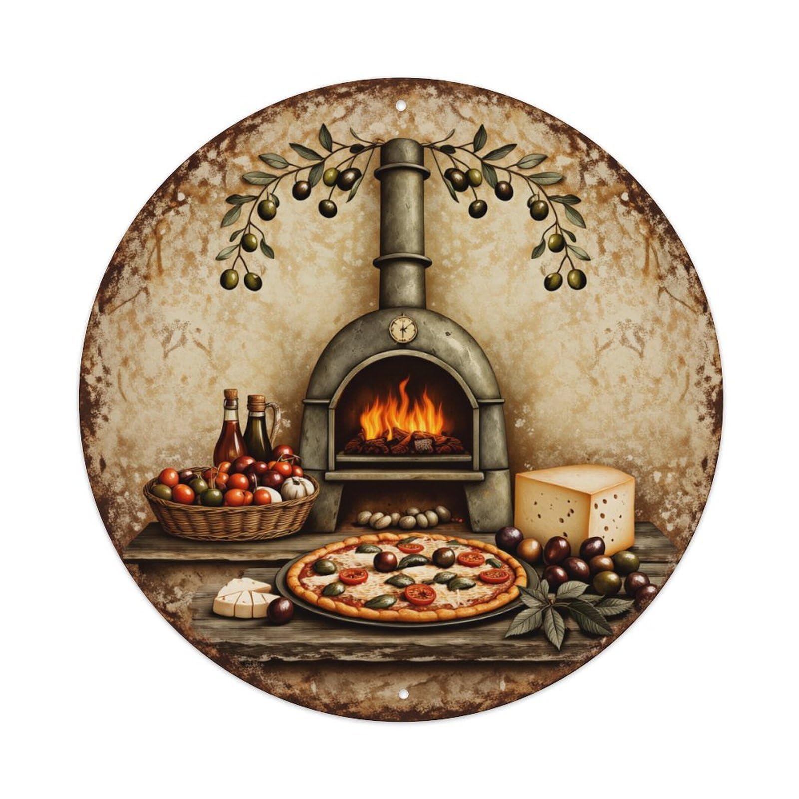 Rustic Oven Pizza Cheese Olives Round Tin Sign Retro Metal Sign for Cafe Bar Pub Home Game Room Gym Club Wall Decoration Vintage Metal Poster 8x8 Inch