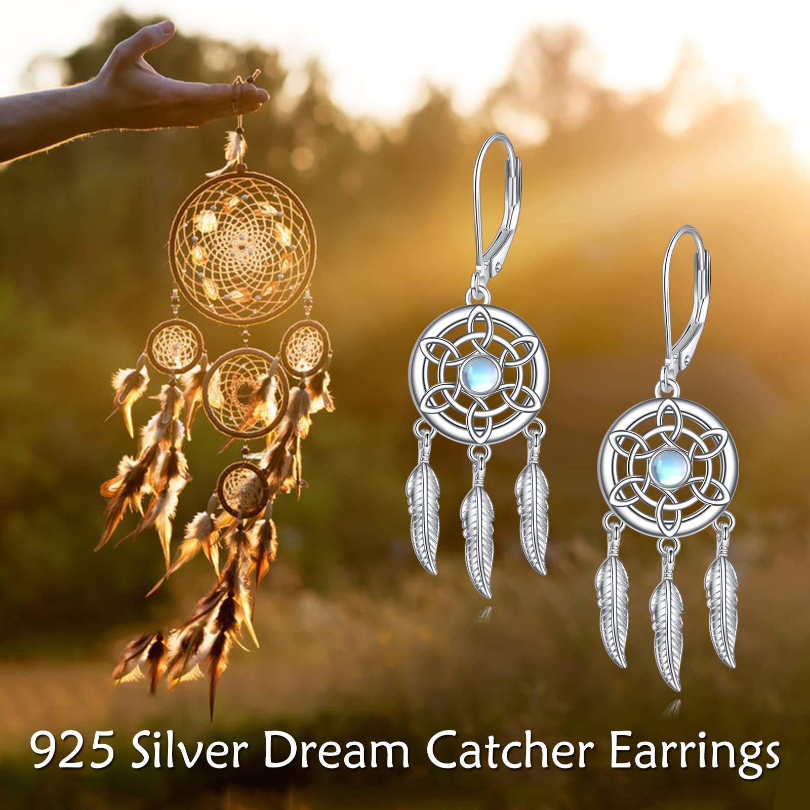 VONALA Pendientes de atrapasueños, plata de ley 925, piedra lunar, cierre de palanca, plumas celtas, colgantes, joyería bohemia, regalos para mujer