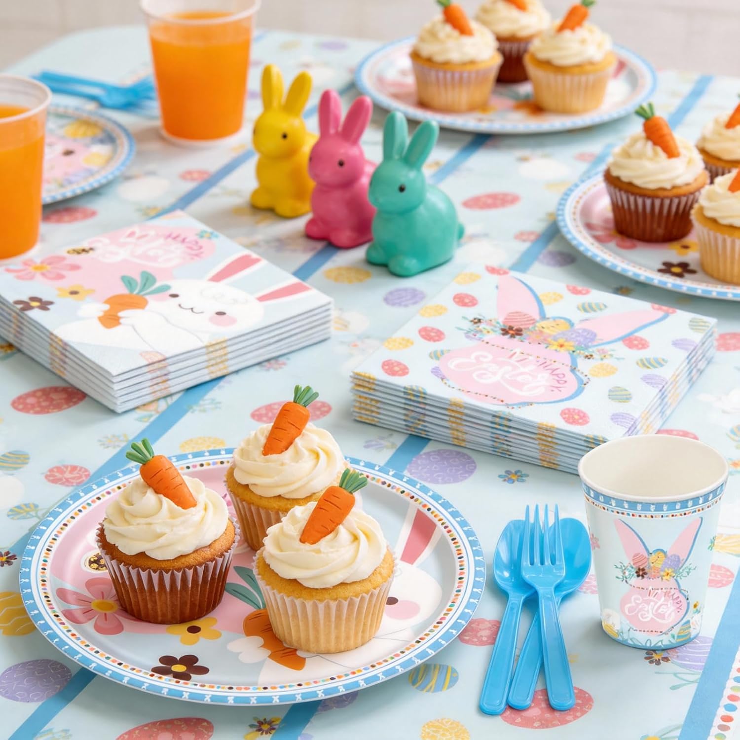 Easter Plates and Napkins Disposable Set – Easter Paper Plates and Napkins Sets with Cups, Forks & Tablecloth, Happy Easter Bunny Party Supplies, Easter Dinnerware Tableware, Serves 24 Guests