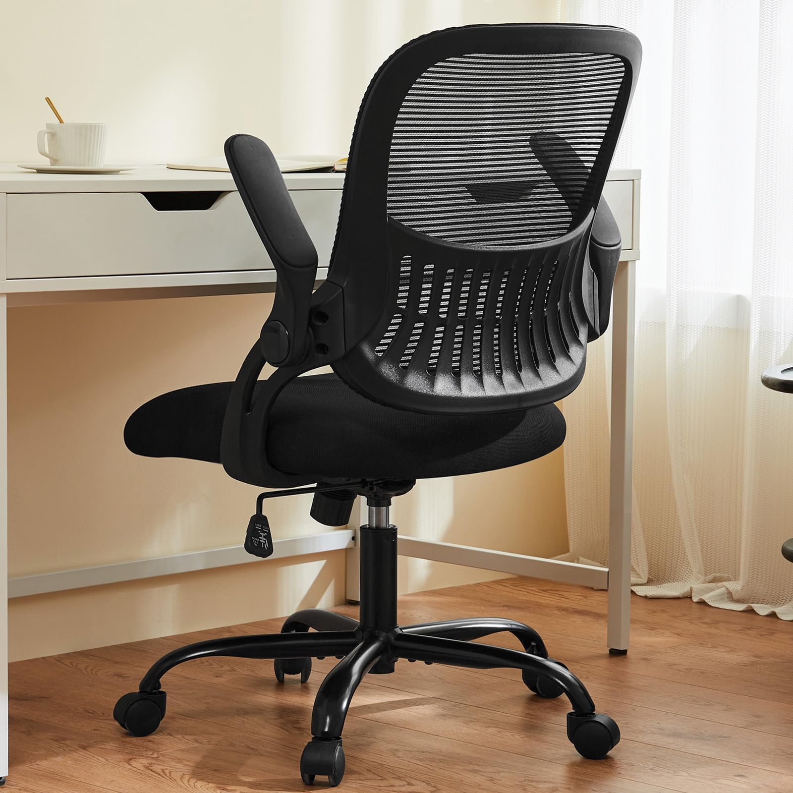 Sweetcrispy Office Computer Desk Chair, Ergonomic Mid-Back Mesh Rolling Work Swivel Task Chairs with Wheels, Comfortable Lumbar Support, Comfy Flip-up Arms for Home, Bedroom, Study, Student, Black