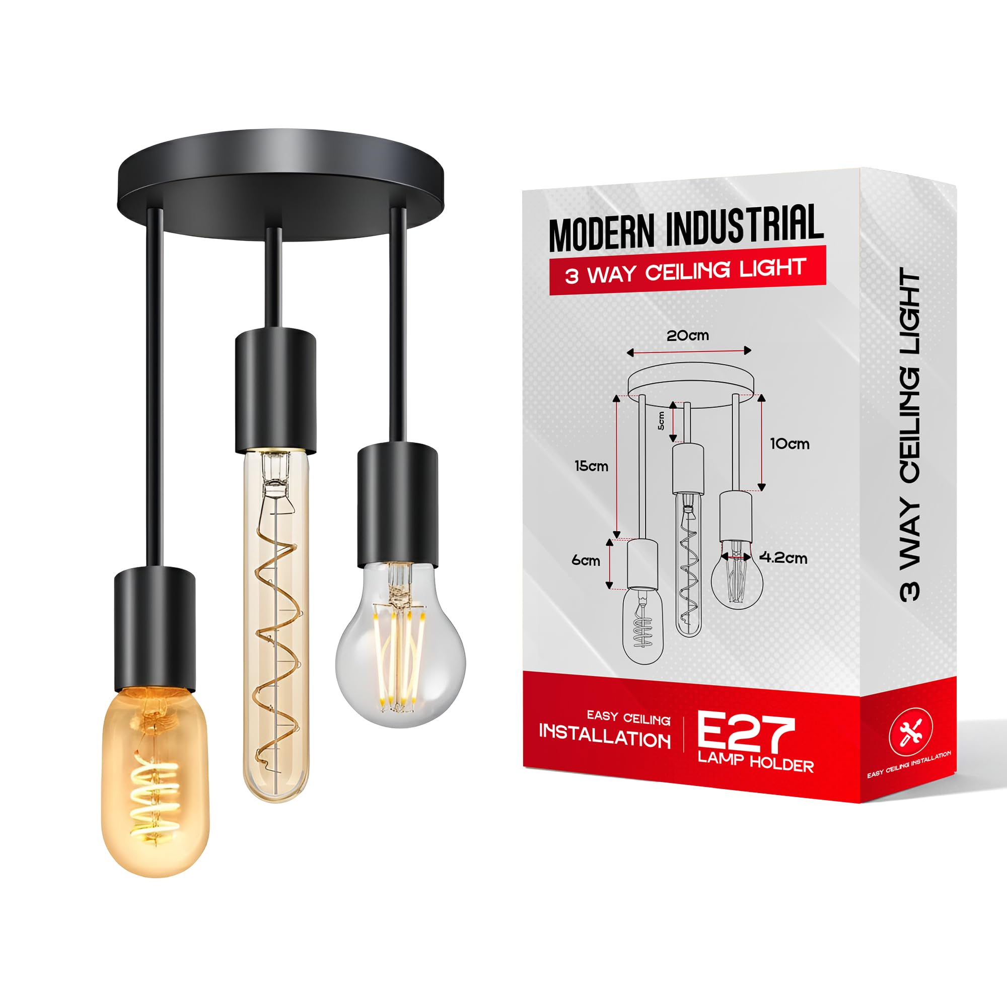 DC VOLTAGE Industrial 3-Way Ceiling Light Black Metal E27 Semi Flush Mount — image 1