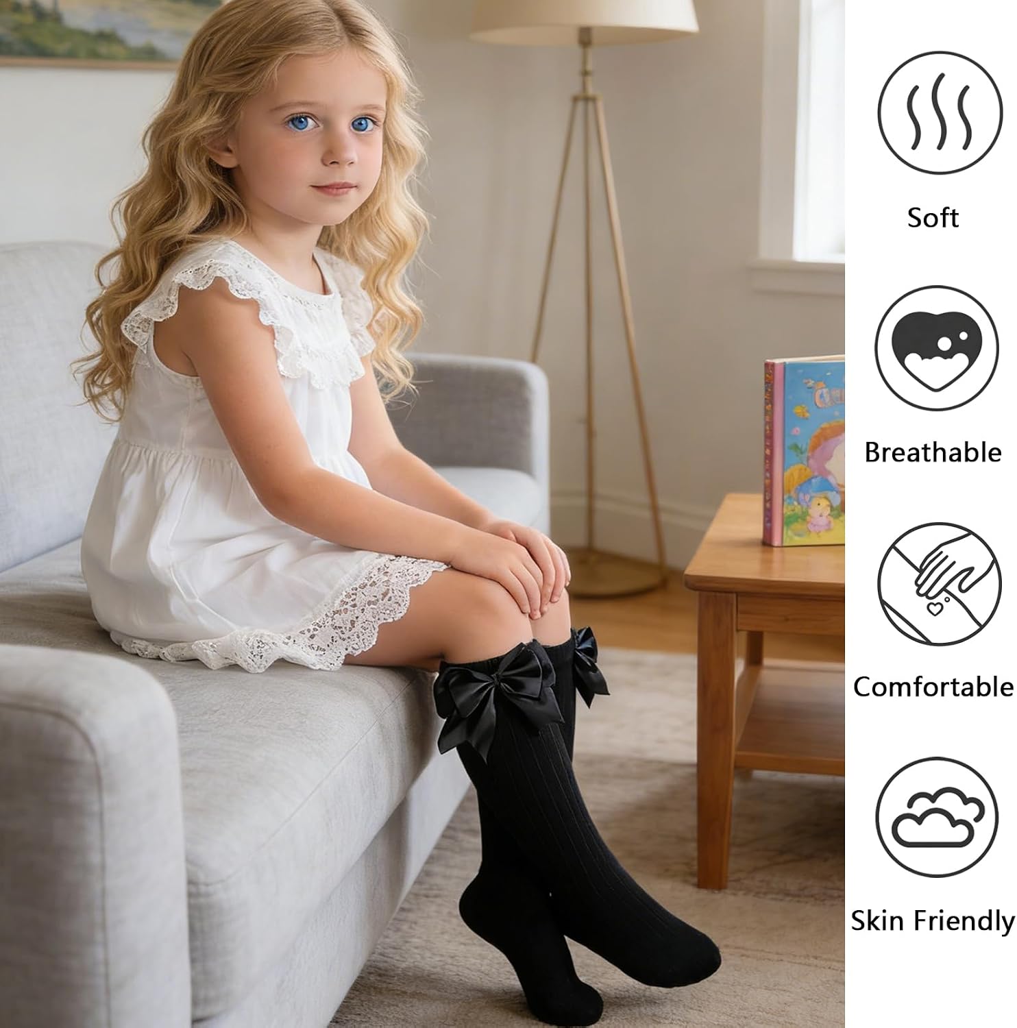 Girl Knee High Socks with Bow - Soft Cotton Long Seamless School Uniform Dress Socks Kids 4-12 Years 3/6 Pack
