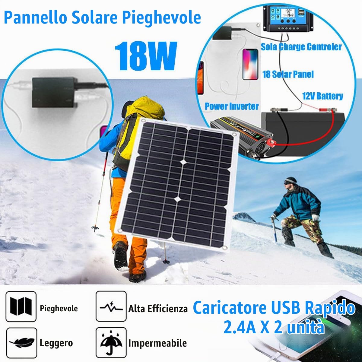 Kit Fotovoltaico con Accumulo da 400W, con Inverter da 12V a 110V/220V, Controller da 30A E Pannello Solare da 18W, per Backup Domestico, Camper, Alimentazione Fuori Rete Black-220V